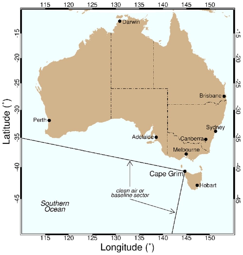 Image showing the location and sample range of the Cape Grim air monitoring station.