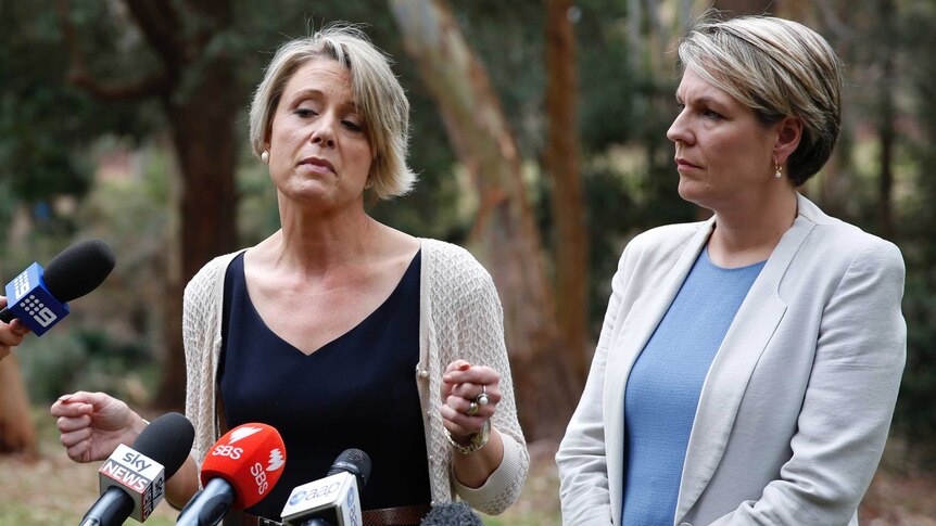 Kristina Keneally, stands in front of microphones waiting to answer a question while Tanya Plibersek watches on.