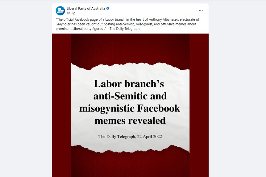 Une capture d'écran d'un message publié par la page Facebook du Parti libéral d'Australie. 