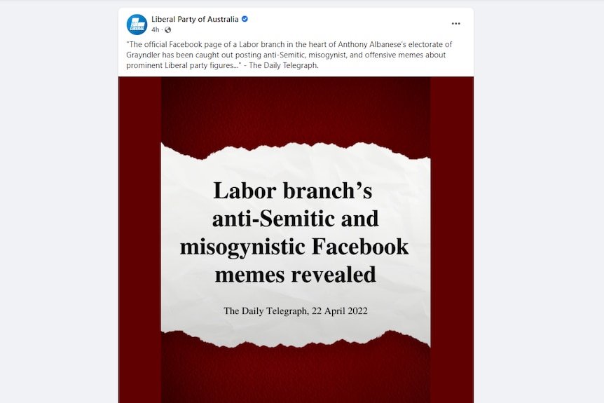 Une capture d'écran d'un message publié par la page Facebook du Parti libéral d'Australie. 