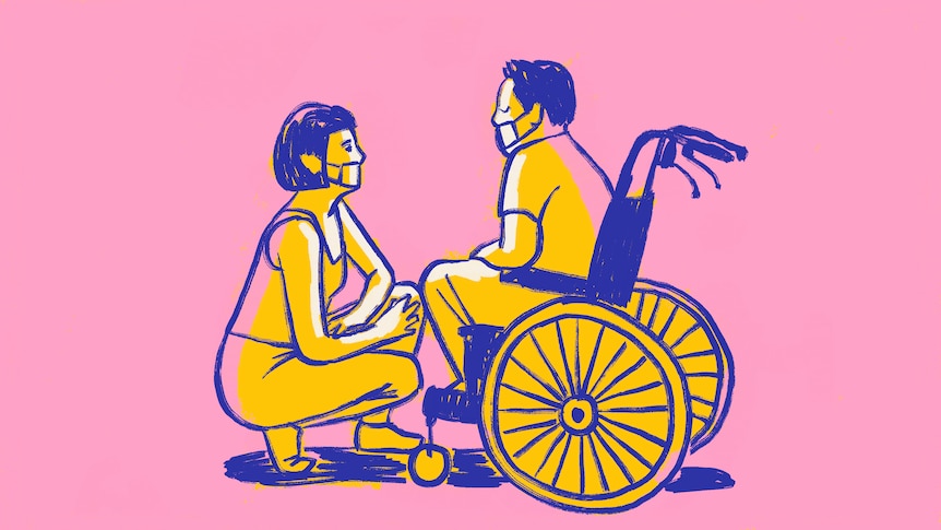 Illustration of woman kneeling in front of a man using a wheelchair, both wear masks