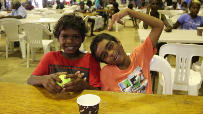 Young evacuees from flooded Daly River community at the Darwin evacuation centre.