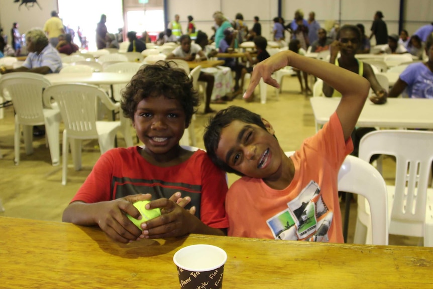 Young evacuees from flooded Daly River community at the Darwin evacuation centre.