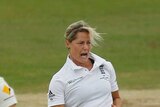 England's Katherine Brunt celebrates with team mates after taking the wicket of Australia's Meg Lanning