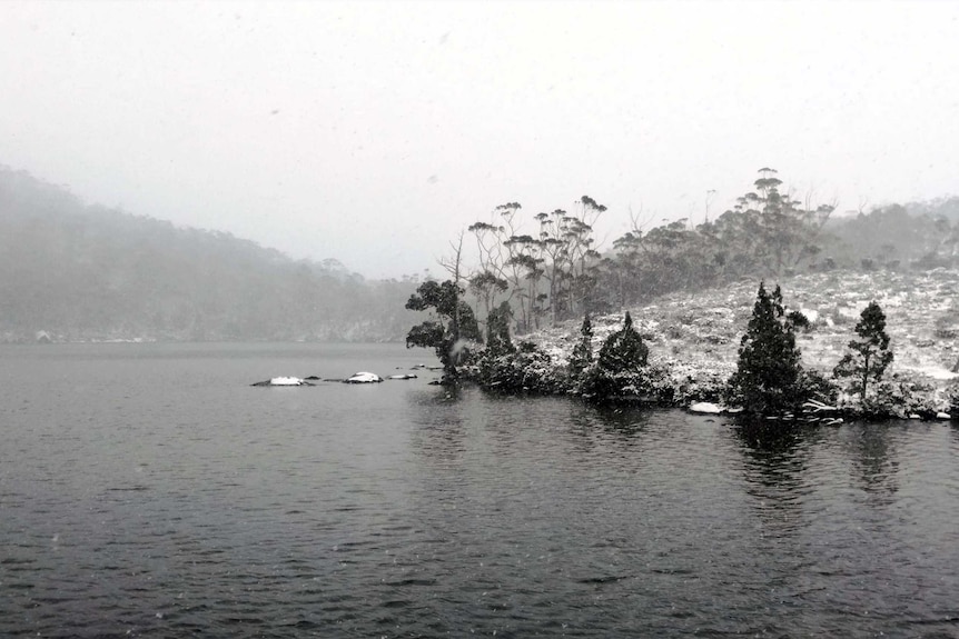Snow falls at Lake Dobson