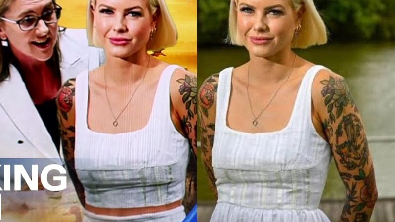 A composite image shows Georgie Purcell in two photos which appear identical except for changes to her clothing.
