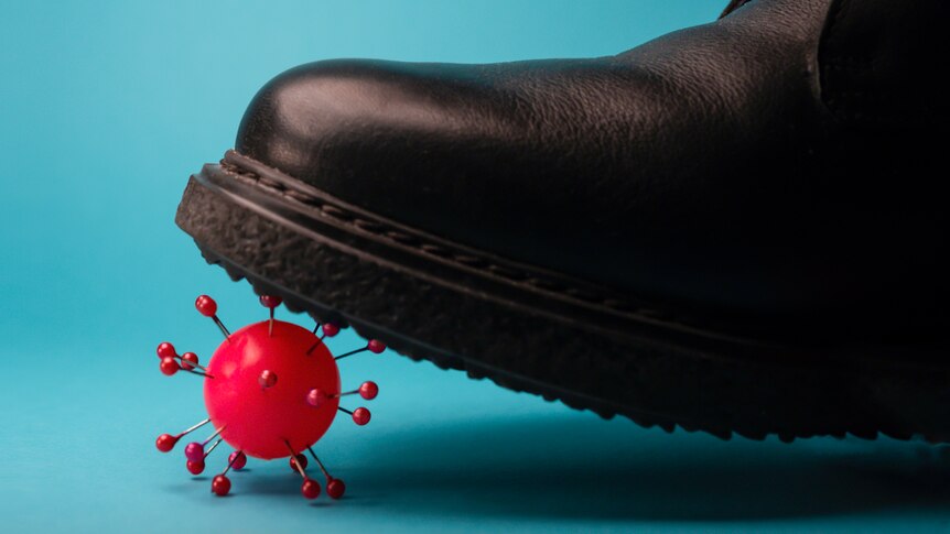 The toe of a black leather shoe steps on the surface of a red ball resembling the molecular structure of a virus.