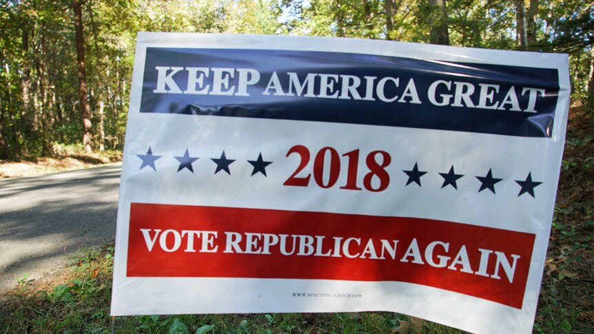 A 'Keep America Great' sign promoting the Republican party sticks into the ground beside a road in rural Virginia.