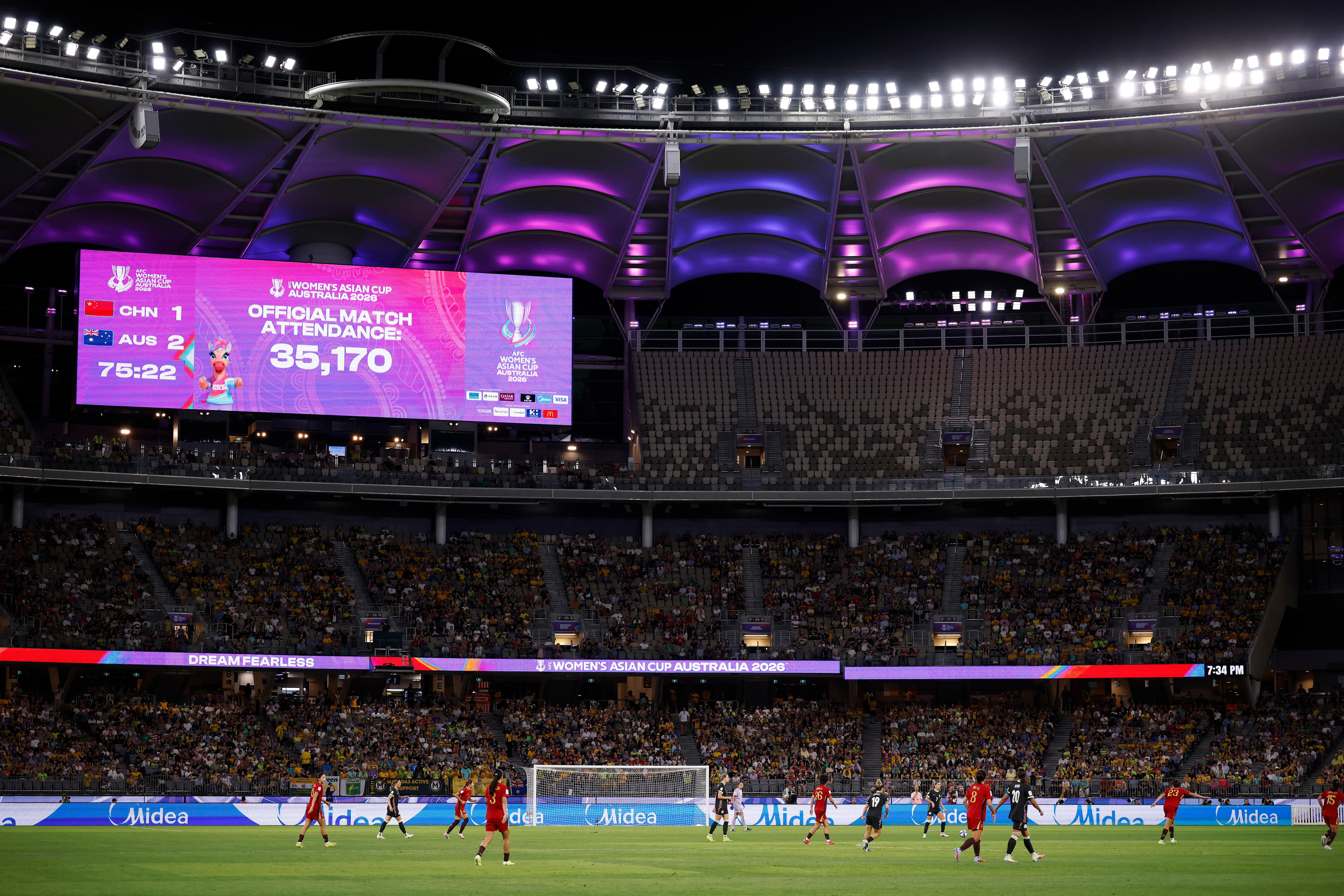 The Matildas crowd figure is displayed at Perth Stadium for their Asian Cup semifinal.