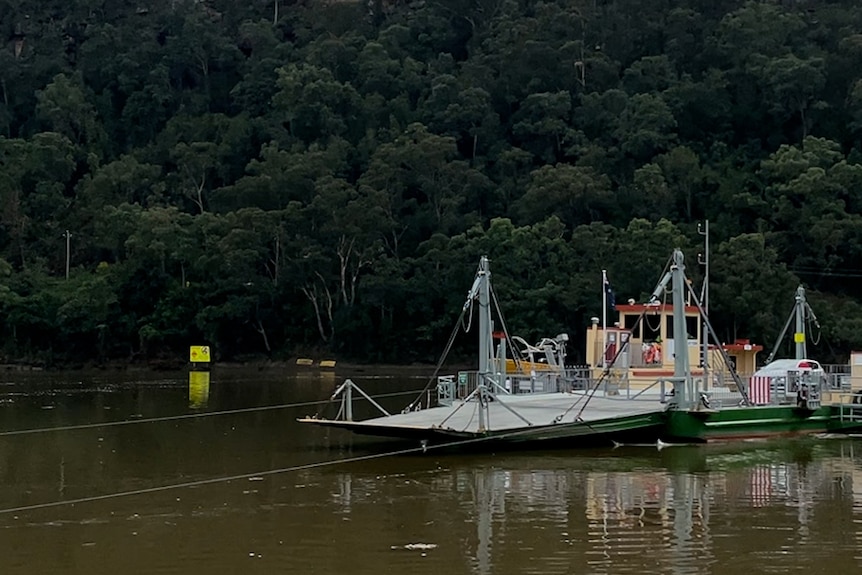 A wire-drawn boat carrying cars on a river