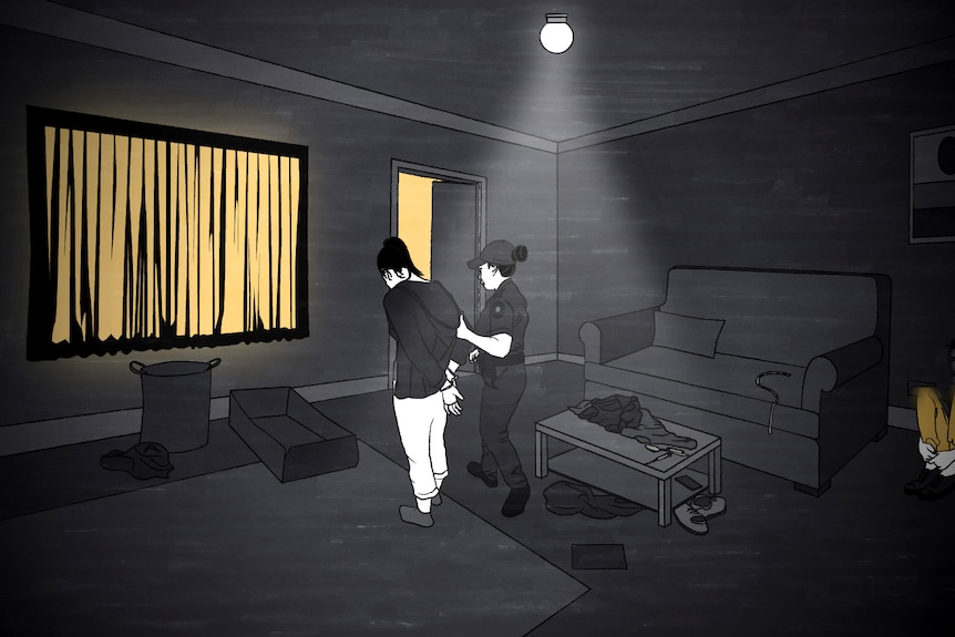 Illustration of woman being taken away in handcuffs. Living room is messy, young child is sitting scared in corner.