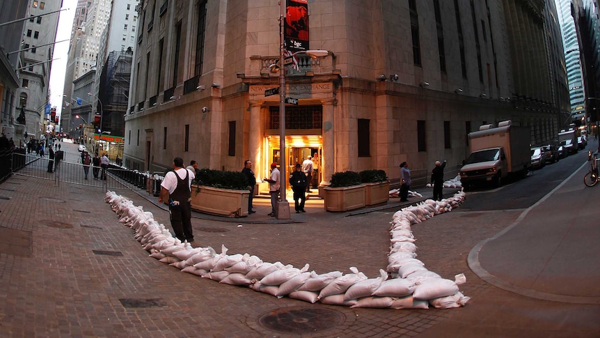 Sandbags around the New York Stock Exchange