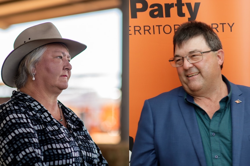 Sam Mcmahon, a woman wearing a hat, stands next to Jamie De Breni, a man wearing a dark blue blazer and green shirt.