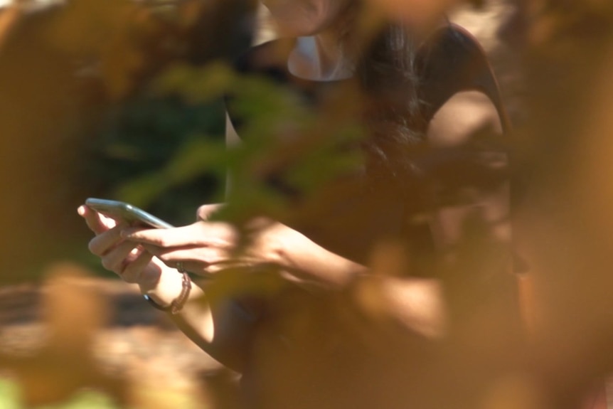 A woman's hands holds a phone as seen through leaves on a tree.