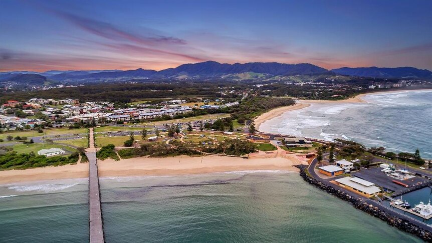 A photo taken from a plane or drone of the coastline of Coffs Harbour in NSW