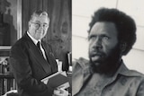 A man in a suit holding books and an Indigenous man with a beard