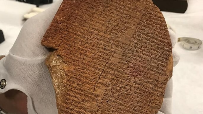 The half-broken clay tablet fragment is covered in ancient cuneiform script.
