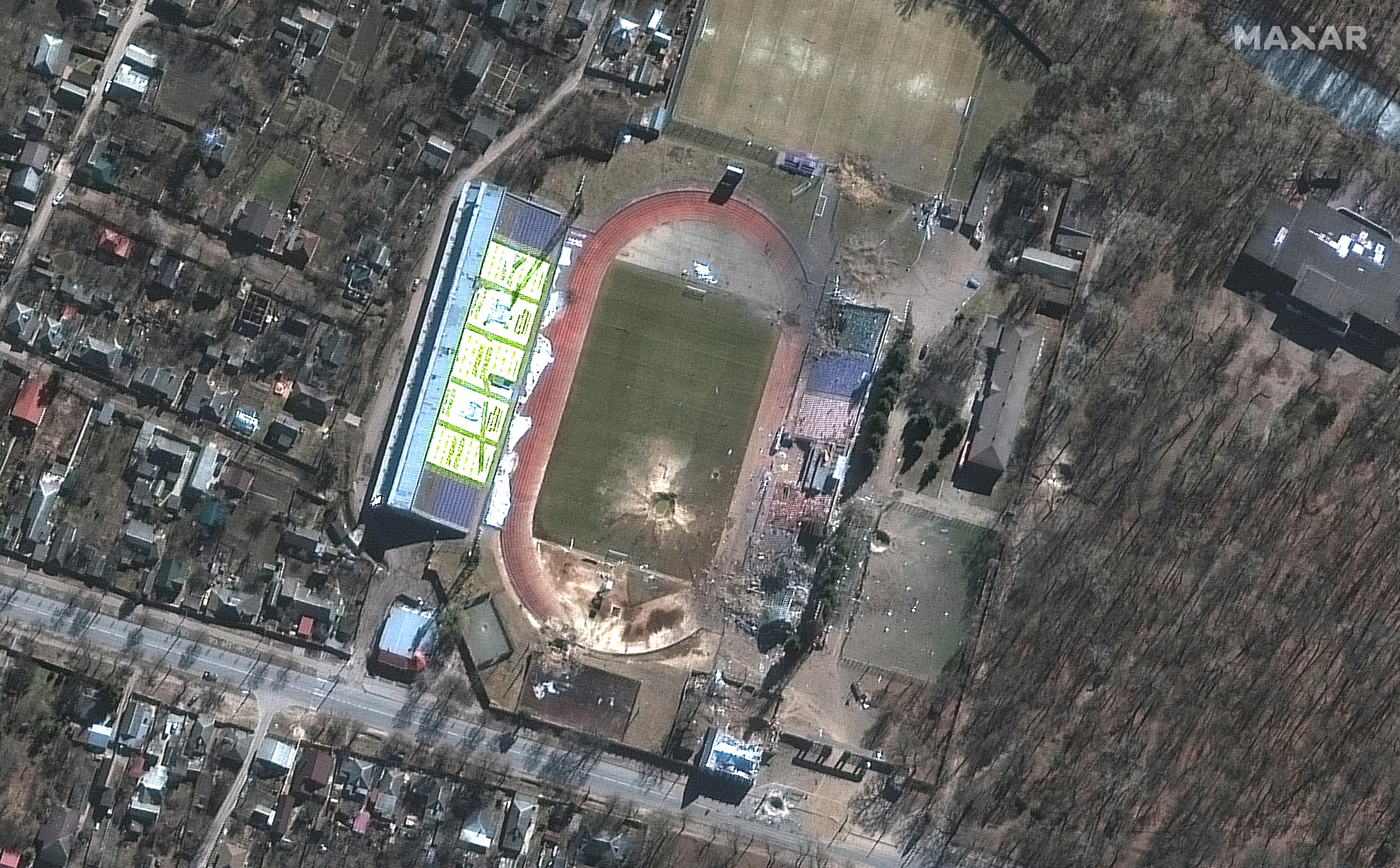 Damaged stadium photographed from the air