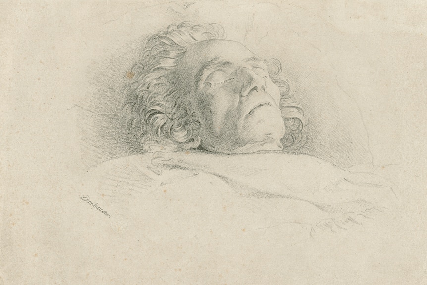 Line drawing of Beethoven on his deathbed