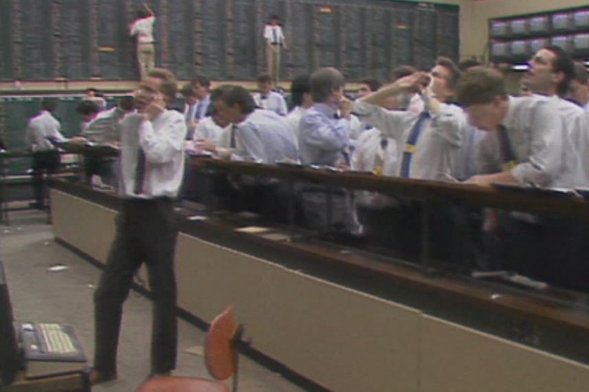 Share traders calling trades during the Black Tuesday crash of October 20, 1987