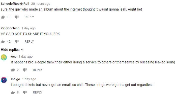 Screenshot of YouTube comments on an unreleased Childish Gambino track 'All Night'
