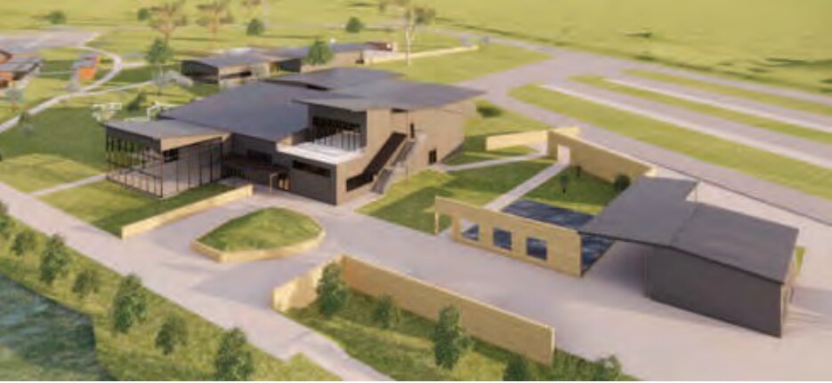 A mock up of a building imposed on an open field