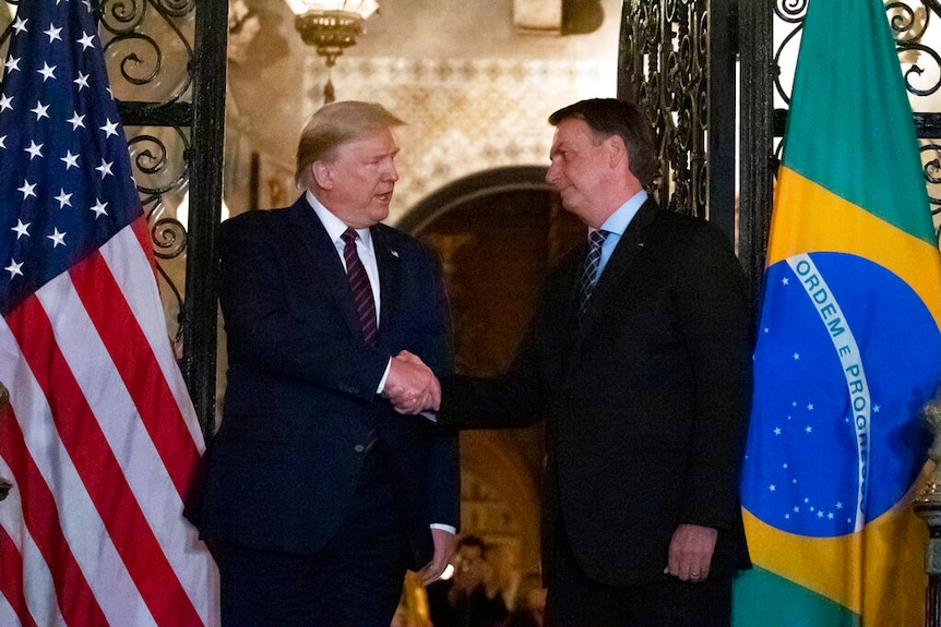 Donald Trump shakes hands with Brazilian President Jair Bolsonaro.