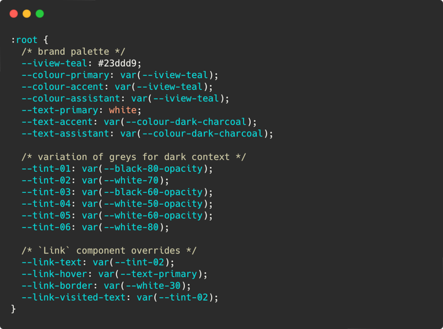 A CSS code sample showing how variation in colour is applied in dark mode