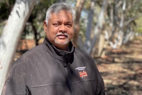 A man with grey hair and a grey fleece stands under filtered light through gum trees overhead.