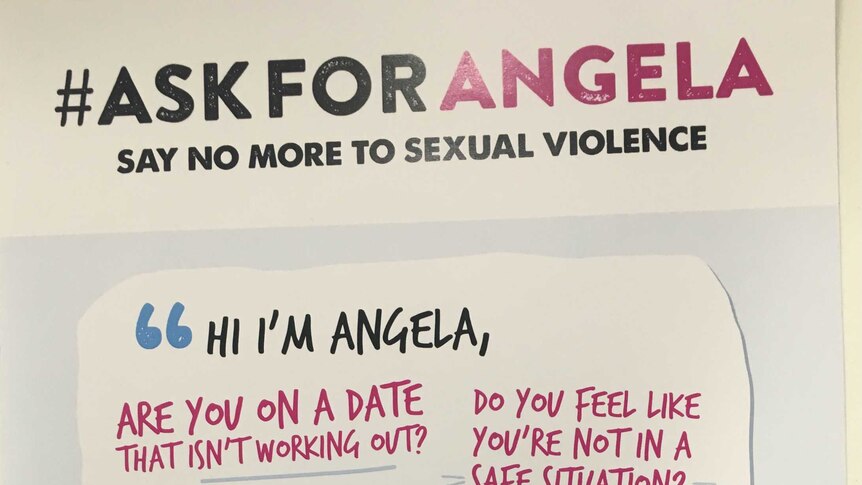 Poster reminding customers to ask for Angela at the bar if they feel unsafe