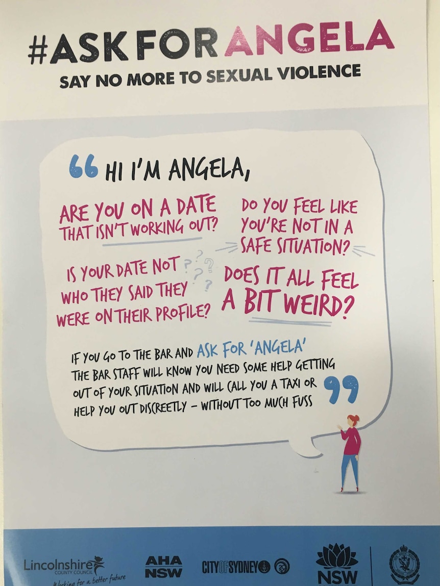 Poster reminding customers to ask for Angela at the bar if they feel unsafe
