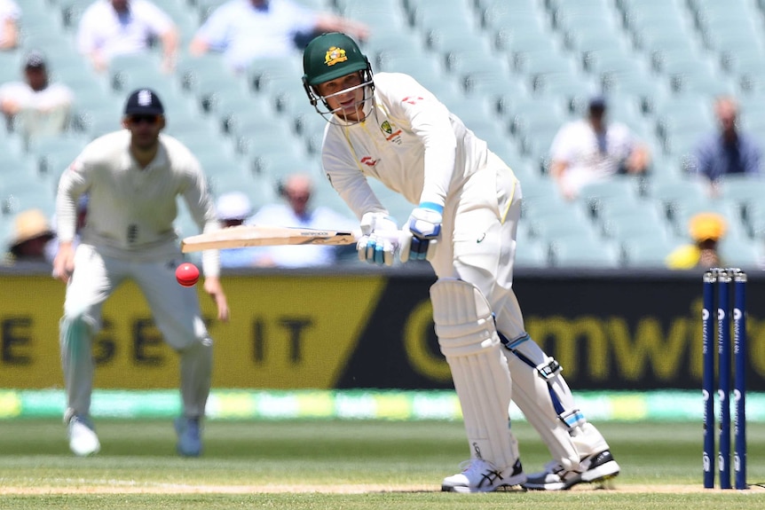 Peter Handscomb plays a shot to mid wicket on day four of the second Ashes Test in Adelaide.