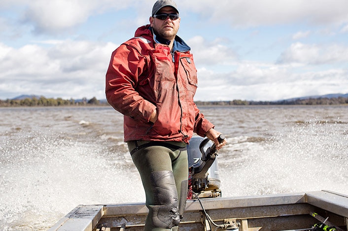 Tasmanian eel farmer Brad Finlayson in his boat