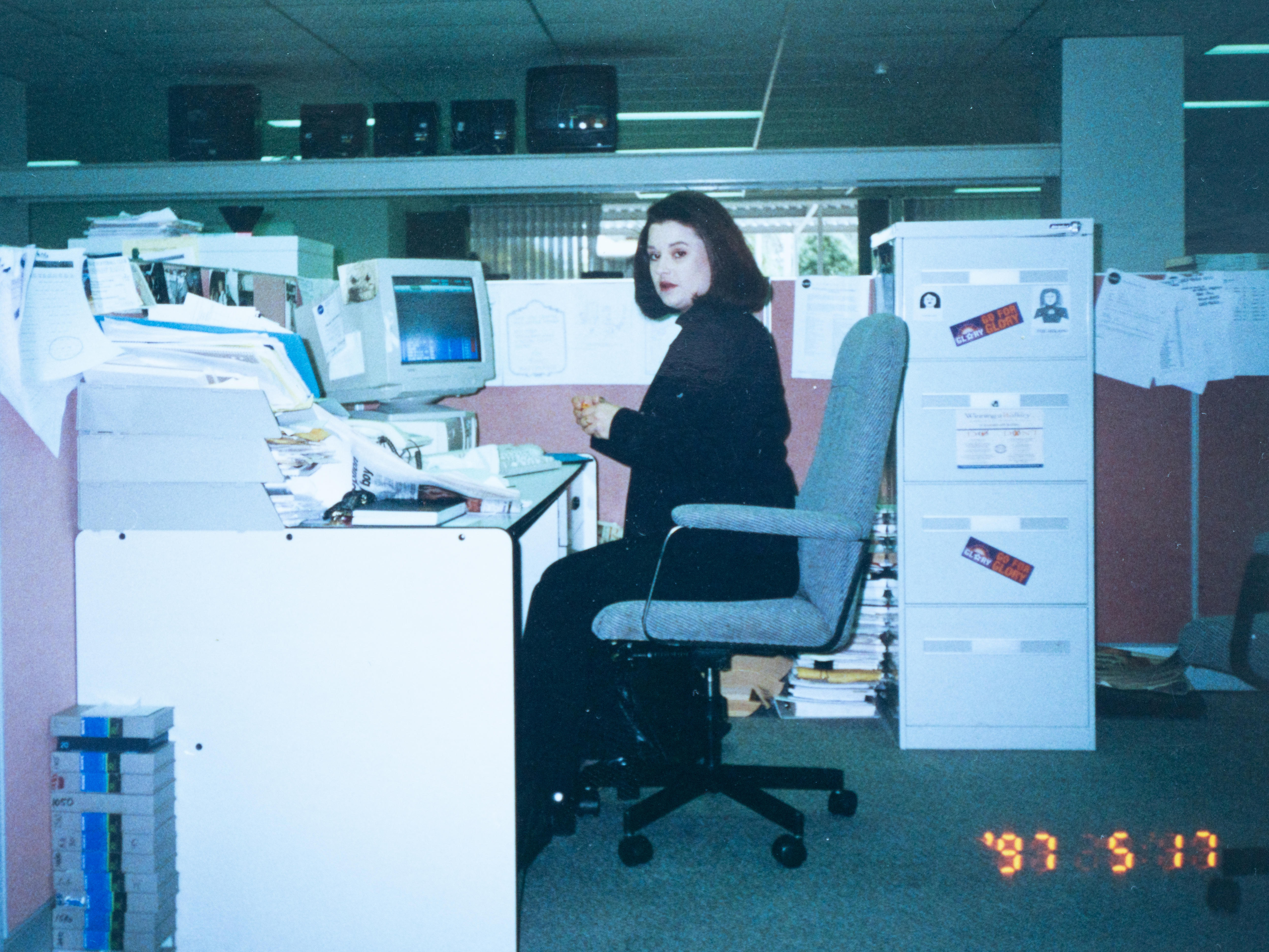 Nadia Mitsopoulos at her desk at Channel 10 in 1997