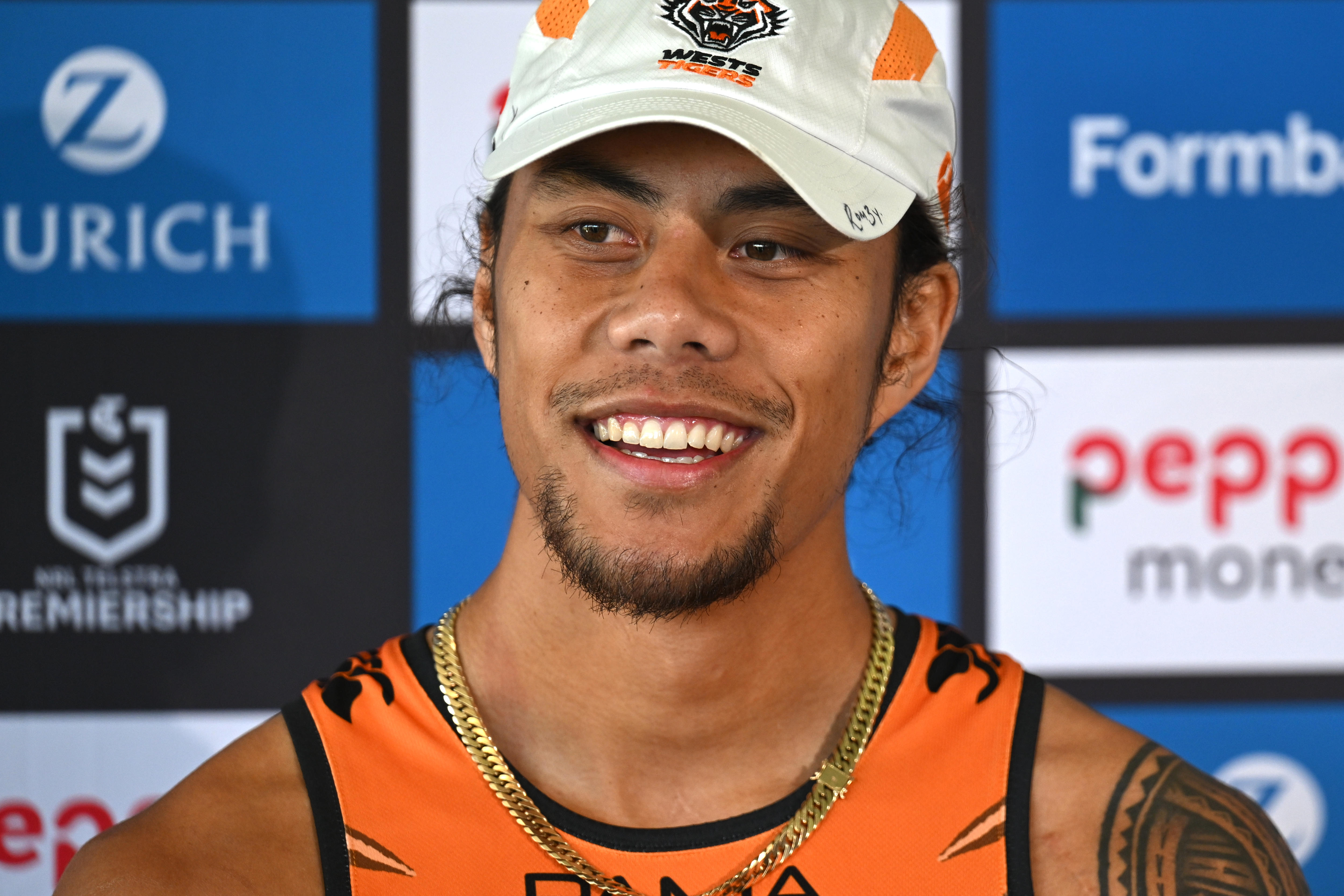 Jaroms Luai speaks to reporters at a Wests tigers media conference.