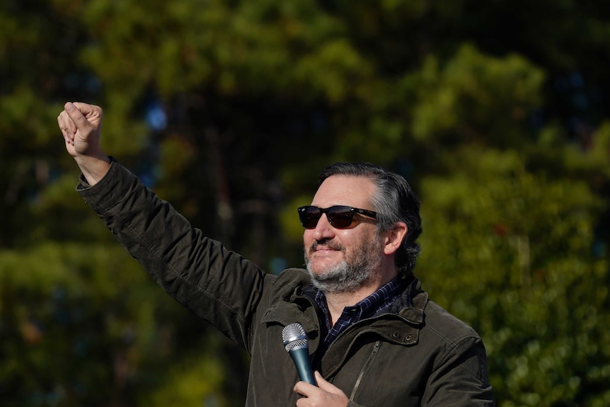 Senator Ted Cruz raises his fist in the air.