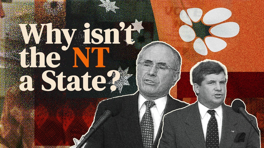 Collage of John Howard and Shane Stone in front of the Northern Territory flag.