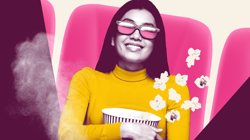 A stylised image of a woman in a cinema seat wearing 3D glasses, with popcorn and fog around her