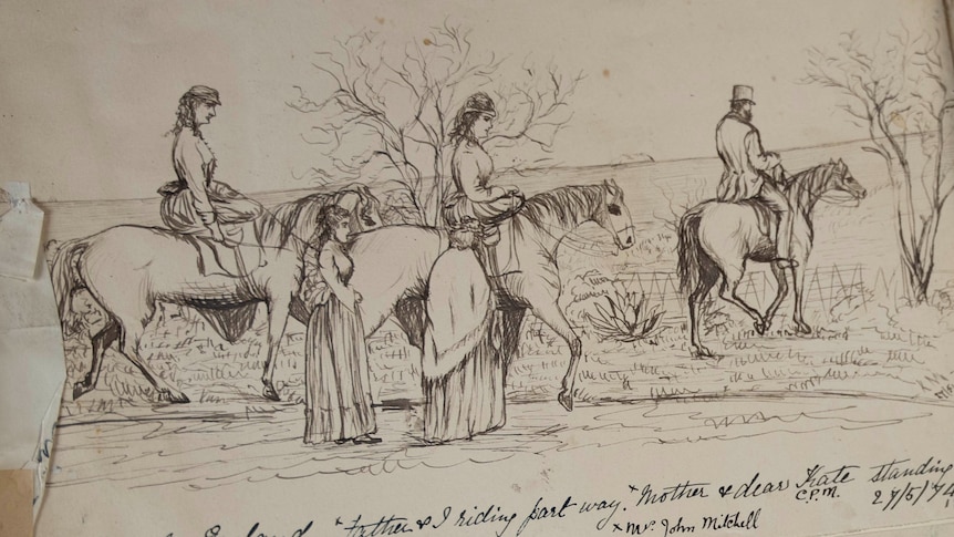 A sketch showing women riding side saddle while being led by a man on a horse.