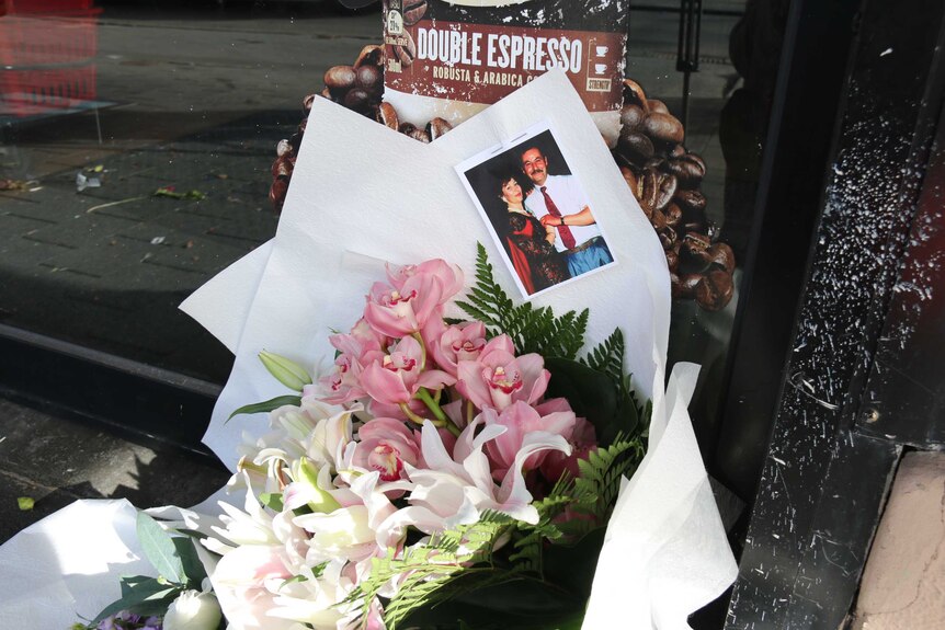 Flowers outside the shop owned by Voula Delios