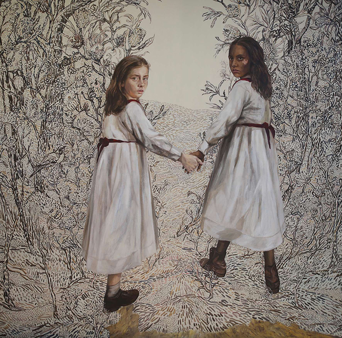 A portrait showing two girls in white dresses surrounded by etchings of bushland and flowers.