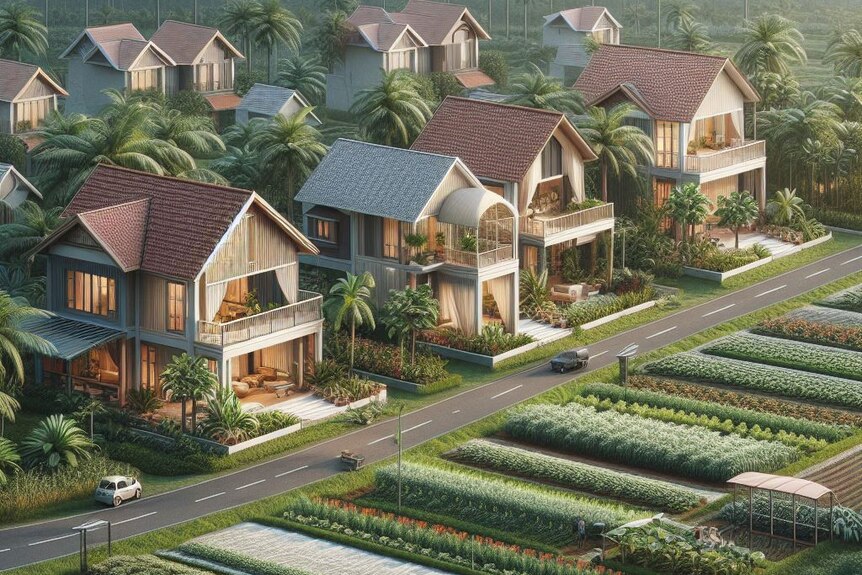 Two story houses sit among palm trees and vegetable plots. 