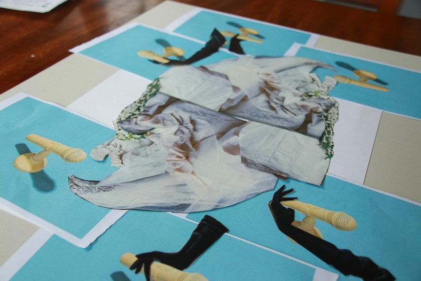 White and blue images on a table