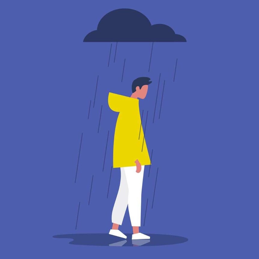 Simple cartoon design of young man looking downcast with rain cloud on top of him.