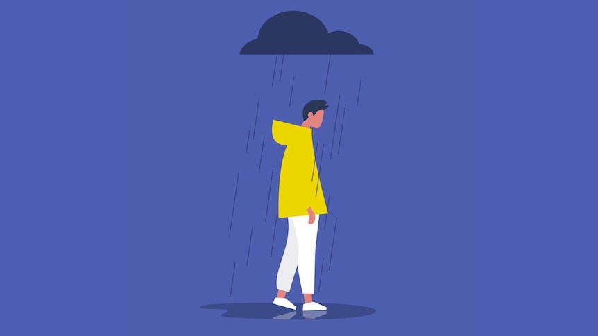 Simple cartoon design of young man looking downcast with rain cloud on top of him.