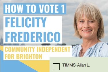 A how-to-vote card made by Felicity Frederico showing a number 1 next to her name.