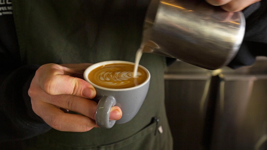 Photograph of a barista making a flat white coffee.