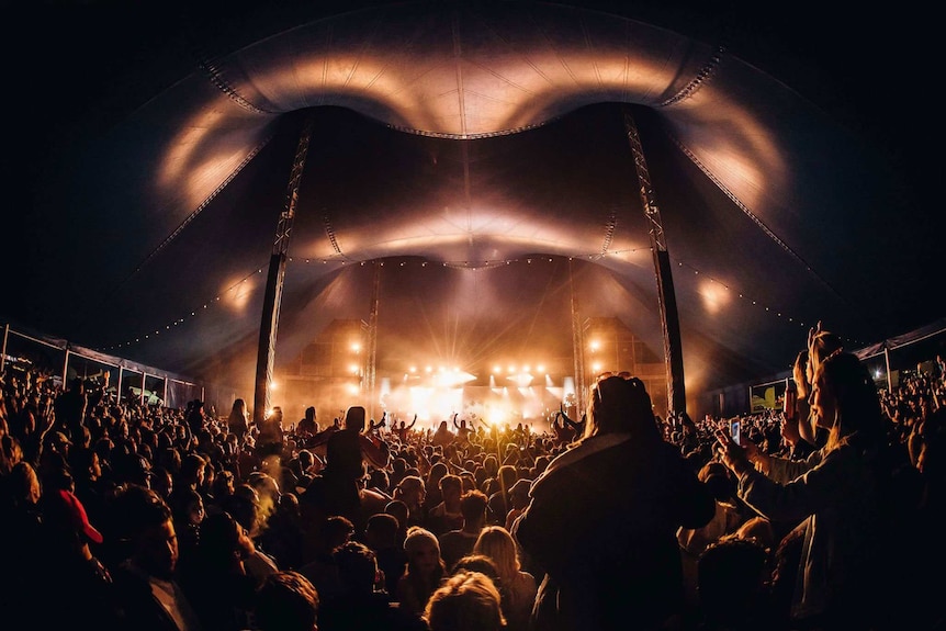 Festival-goers watch an act at a music gig. There are people on others shoulders and a whole lot of lights on the stage.