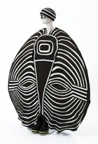 Black and white egg shaped costume with mask on a mannequin.