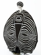Black and white egg shaped costume with mask on a mannequin.